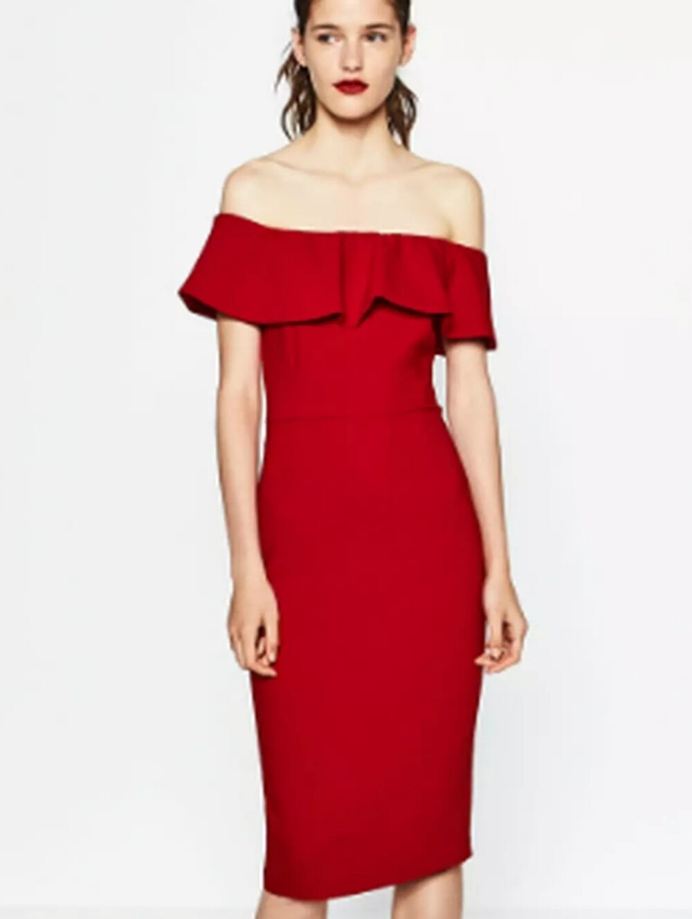 Zara Crimson One-Shoulder Ruffle Sheath Dress